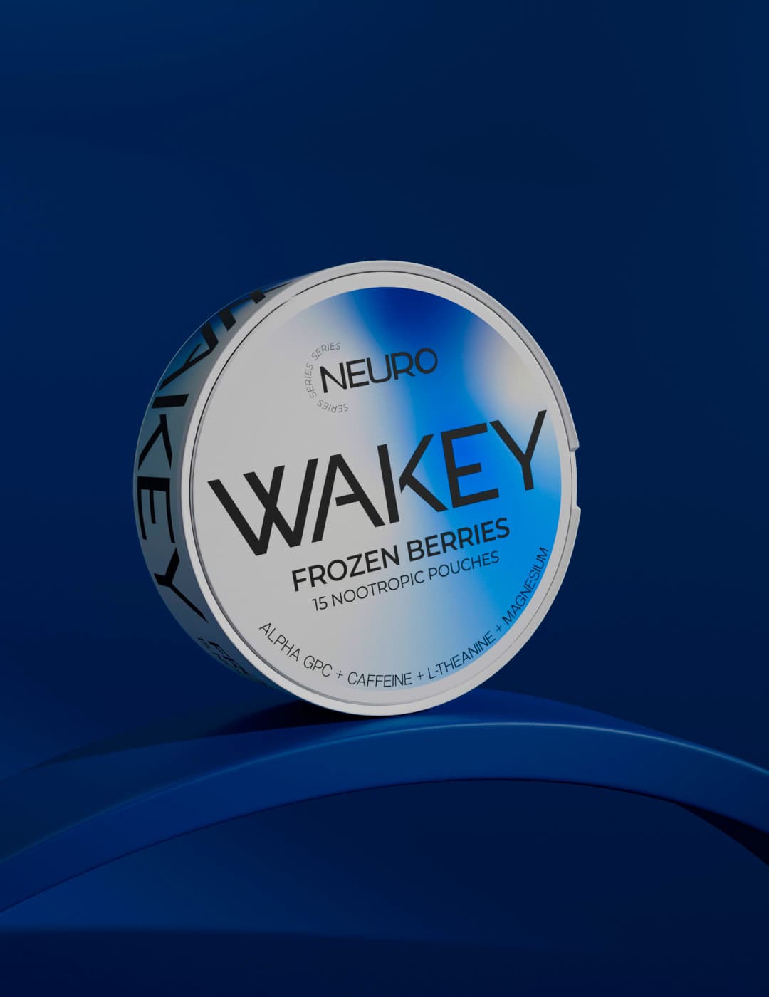 Wakey Neuro Frozen Berries tin on a blue pedestal