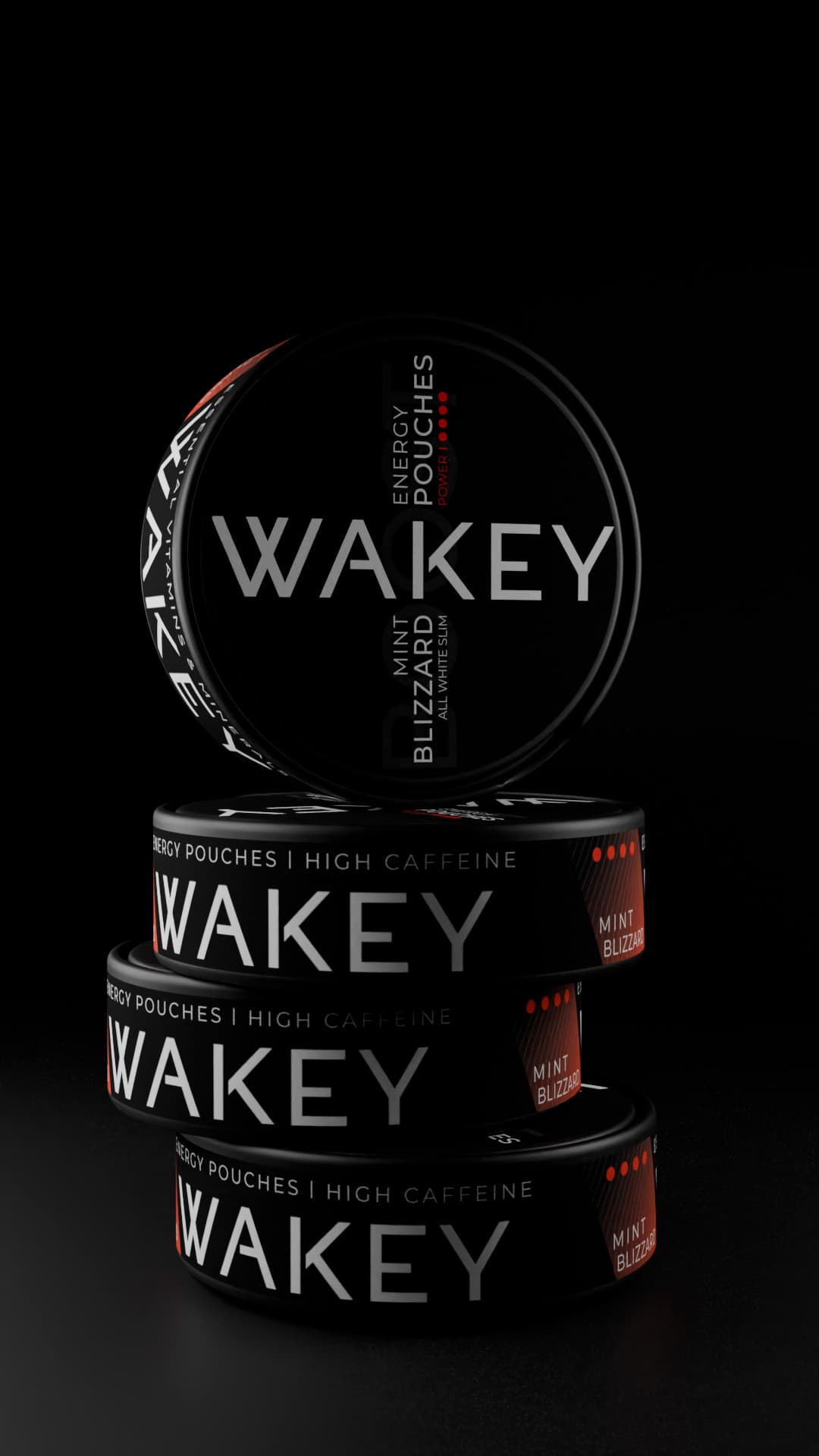 Stack of Wakey Boost Blizzard Mint tins on a black background