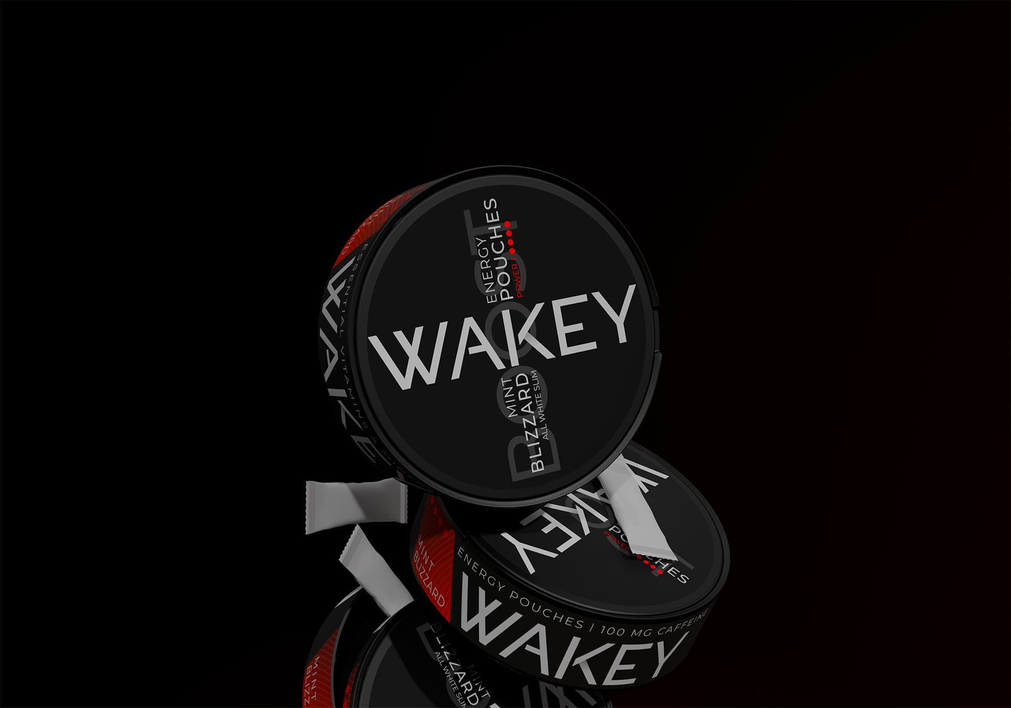 Wakey Boost Blizzard Mint tins with loose white pouches on a black background