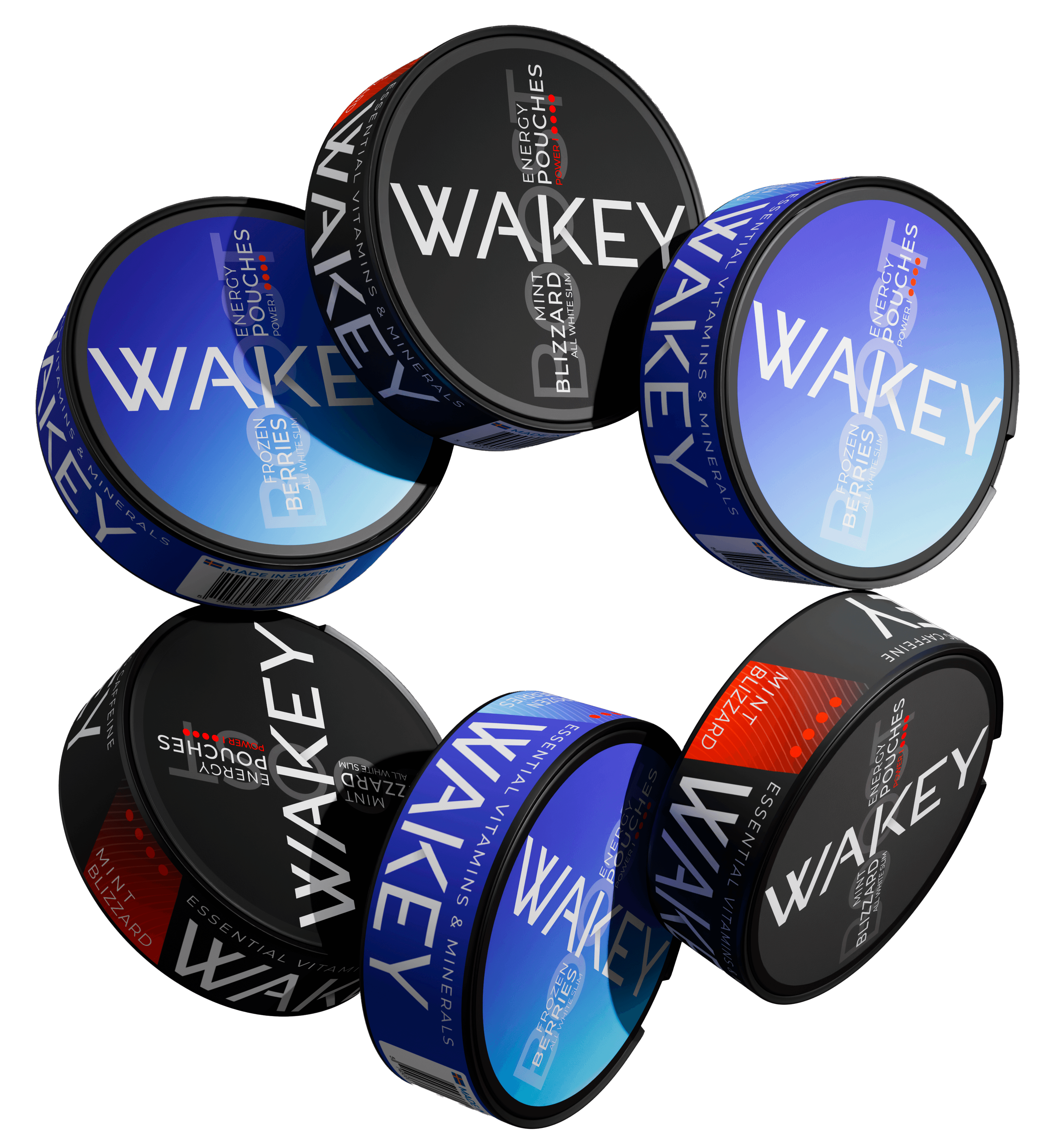 Wakey Boost tins arranged in a flower formation